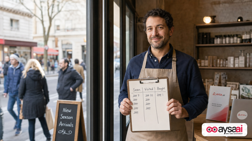 Shop owner comparing seen vs visited vs bought on a clipboard.