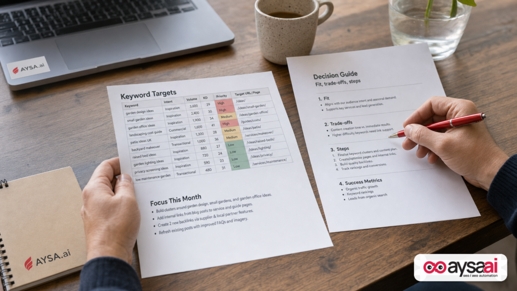 Side-by-side content planning showing keyword targets versus a decision-focused guide outline.