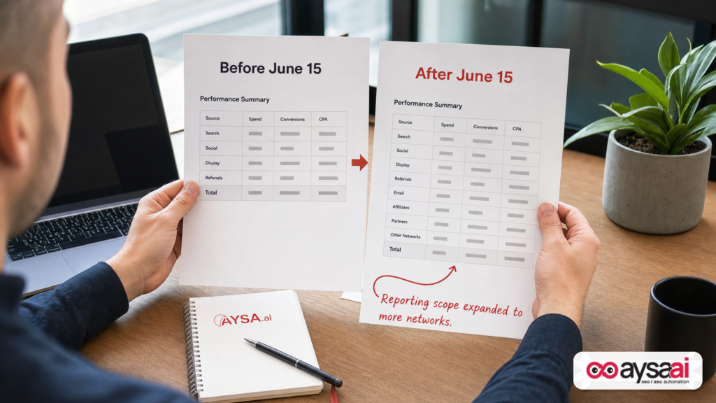 Side-by-side reports illustrating a before-and-after reporting scope change for Performance Max product metrics.