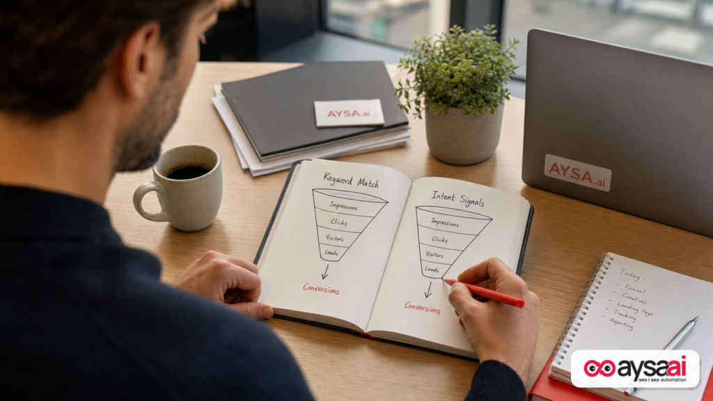 Sketch comparing keyword-based targeting and intent-based targeting funnels.