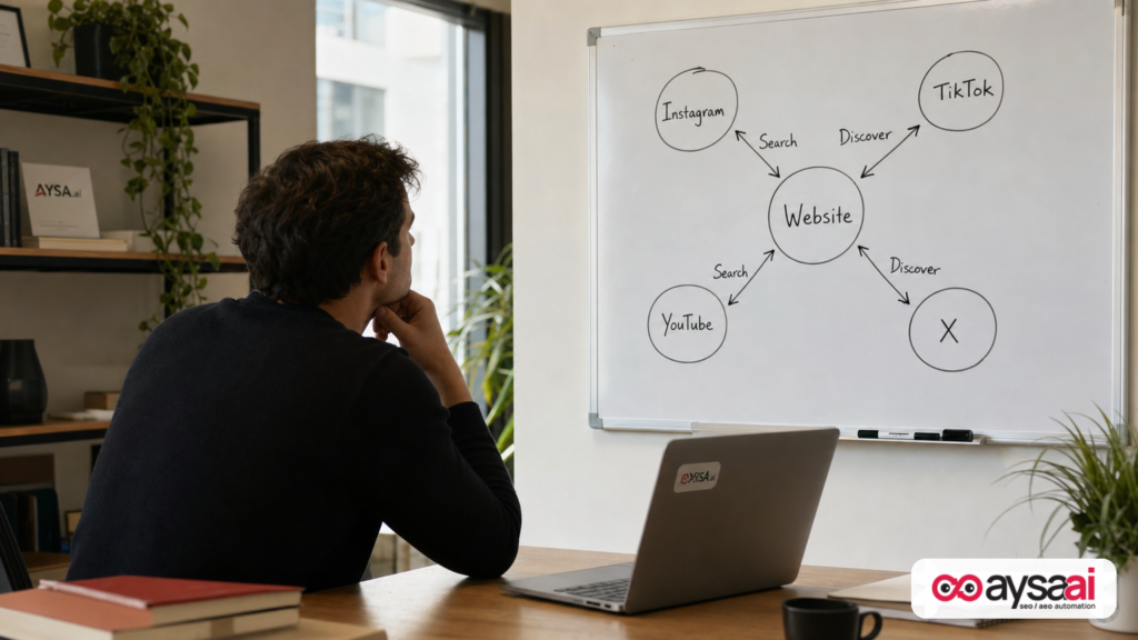Small business founder mapping website and social channels as surfaces for Google Search and Discover visibility.