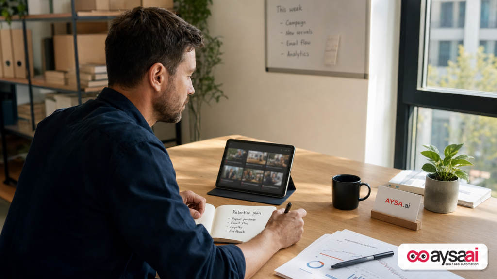 Small business founder planning a retention-focused marketing approach alongside video campaign notes.