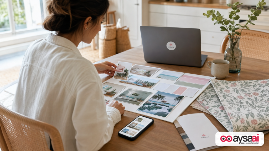 Small business marketer building a dorm decor trend mood board with wallpaper samples and color swatches.