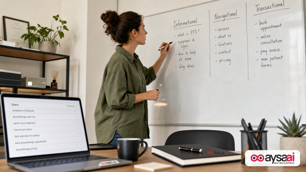 Small business owner categorizing searches into informational, navigational, and transactional on a whiteboard.
