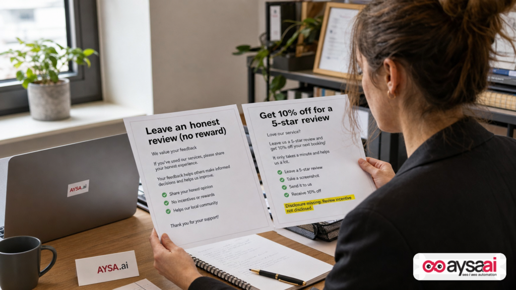 Small business owner comparing a legitimate review request and a risky incentivized review request without disclosure.