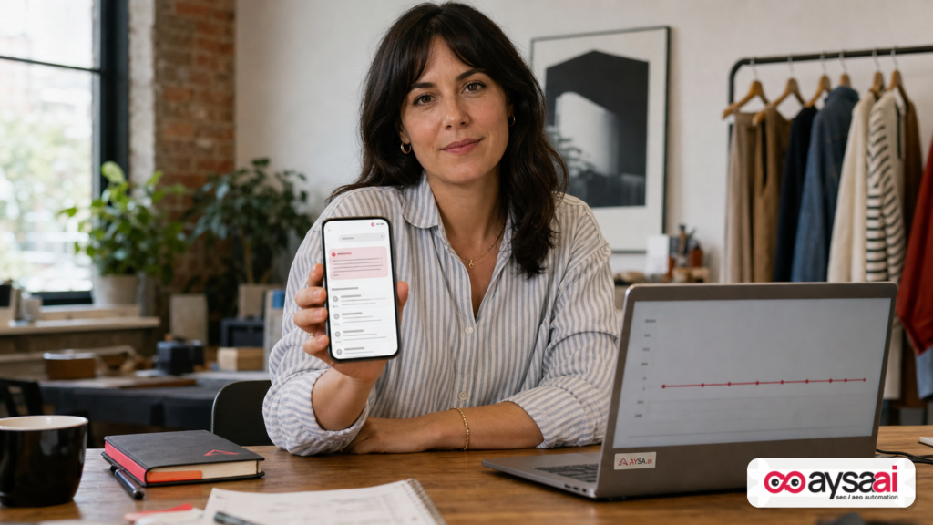 Small business owner comparing a search results answer panel to flat website traffic analytics on a laptop.