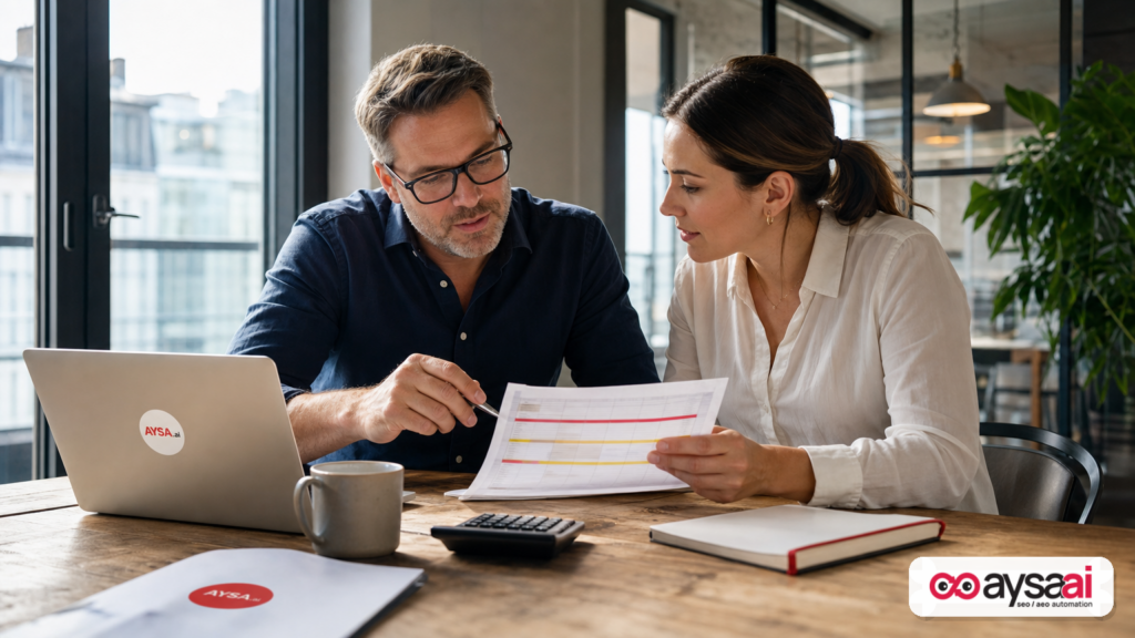 Small business owner doing ad budget math with a spreadsheet and calculator.
