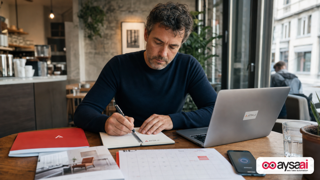 Small business owner drafting a plan with laptop and phone, representing AI-led planning journeys.