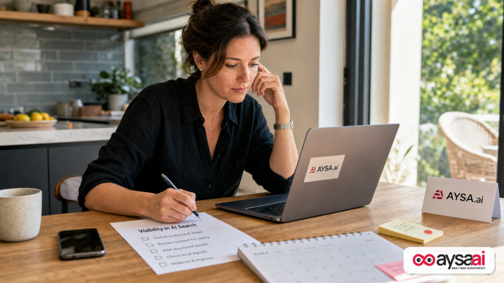Small business owner planning an AI search visibility checklist at a kitchen table.