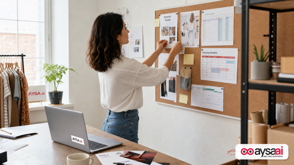 Small business owner planning summer inventory and content using trend notes and a calendar.
