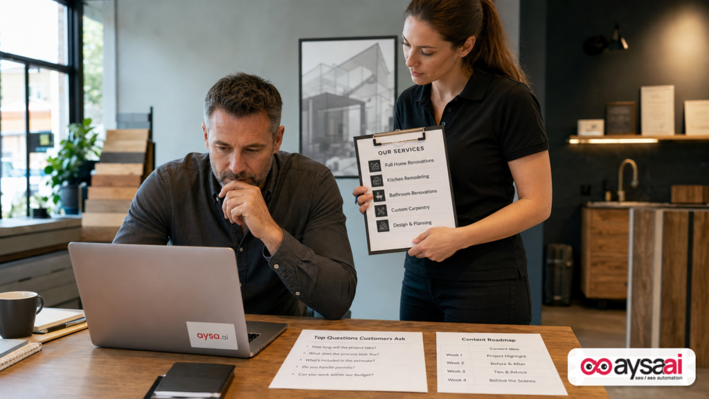 Small business owner reviewing a content roadmap for service and product pages