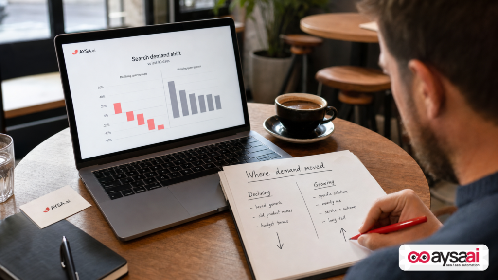 Small business owner reviewing a simple worksheet about shifting search demand across query types.
