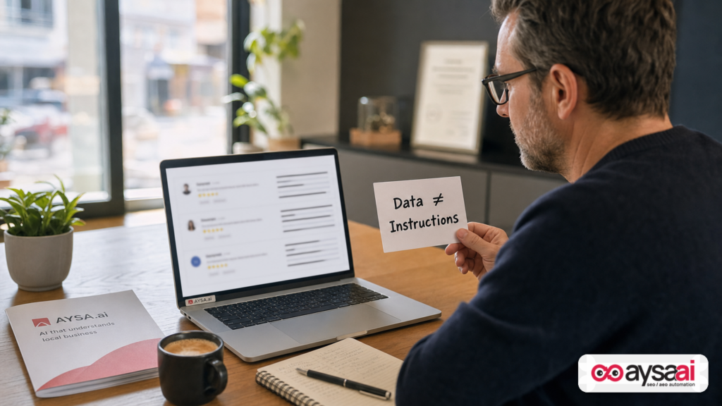 Small business owner reviewing customer reviews and labeling them as data rather than instructions for AI agents.