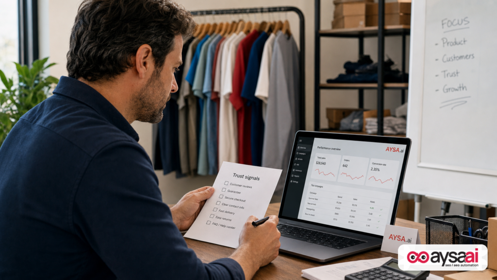 Small business owner reviewing marketing trust signals and ad performance while planning compliance steps for AI disclosures.