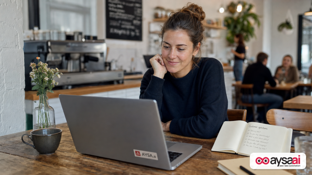 Small business owner using a chat assistant on a laptop with a notebook of customer questions.