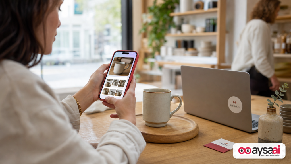 Small business owner using a smartphone camera to start a visual search about a product.