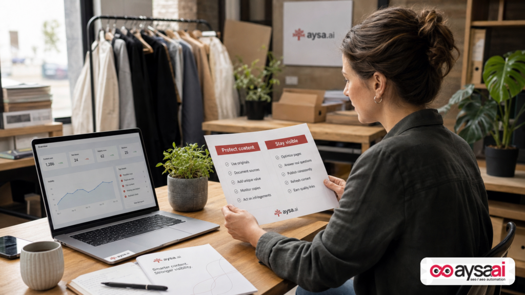Small business owner weighing a protect-content versus stay-visible checklist at a desk.
