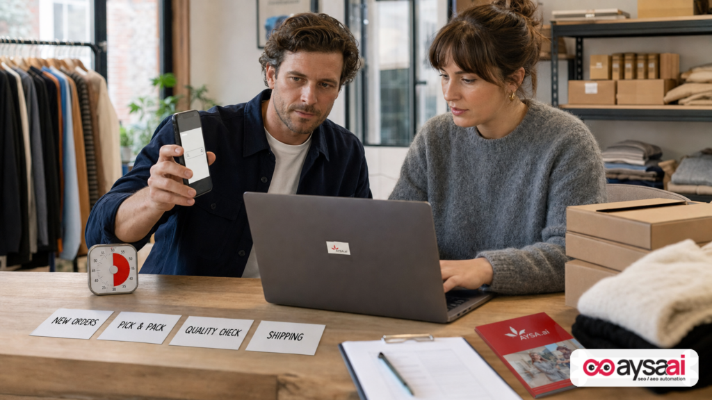 Small-business team checking search results across phone and laptop to understand how fast AI answers affect customers.