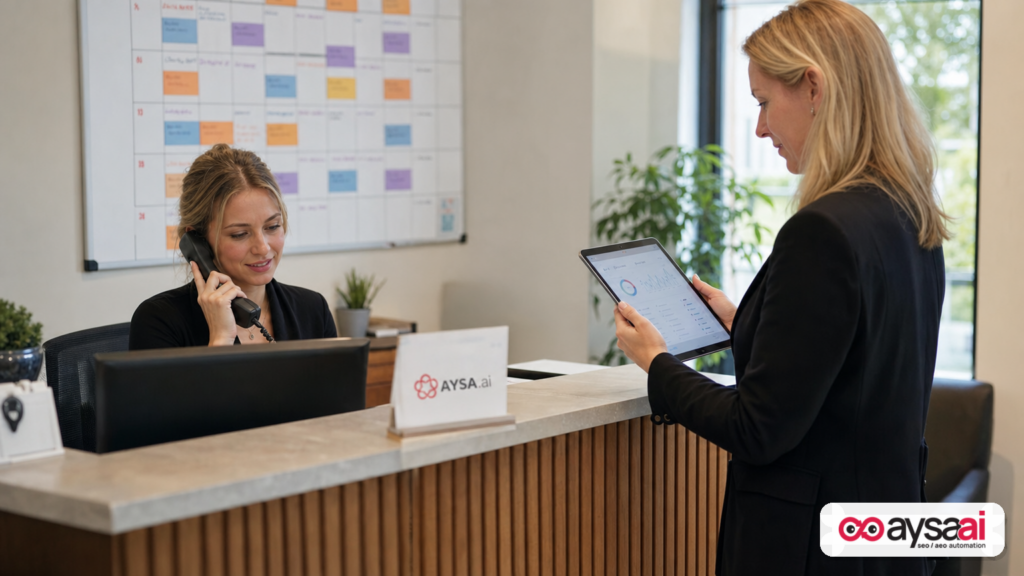 Small business team connecting review visibility to calls and bookings.