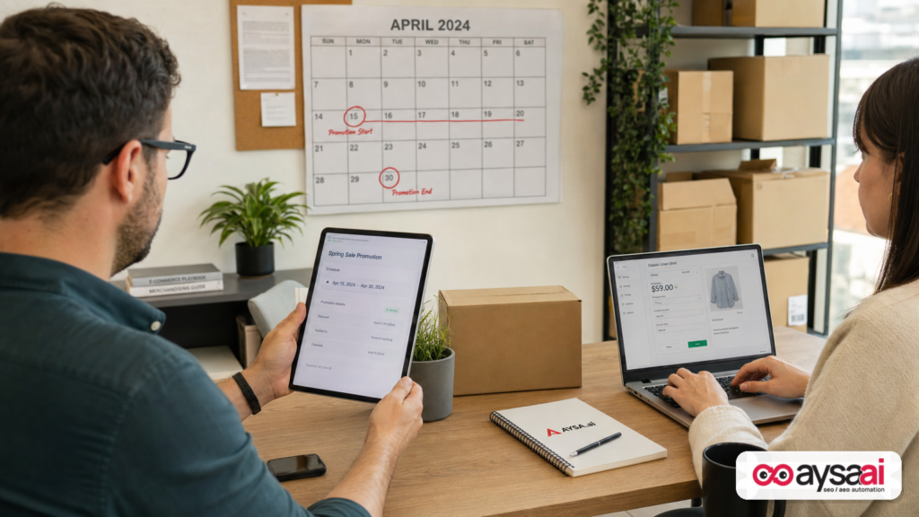 Small business team coordinating a sale schedule and price updates on tablet and laptop.