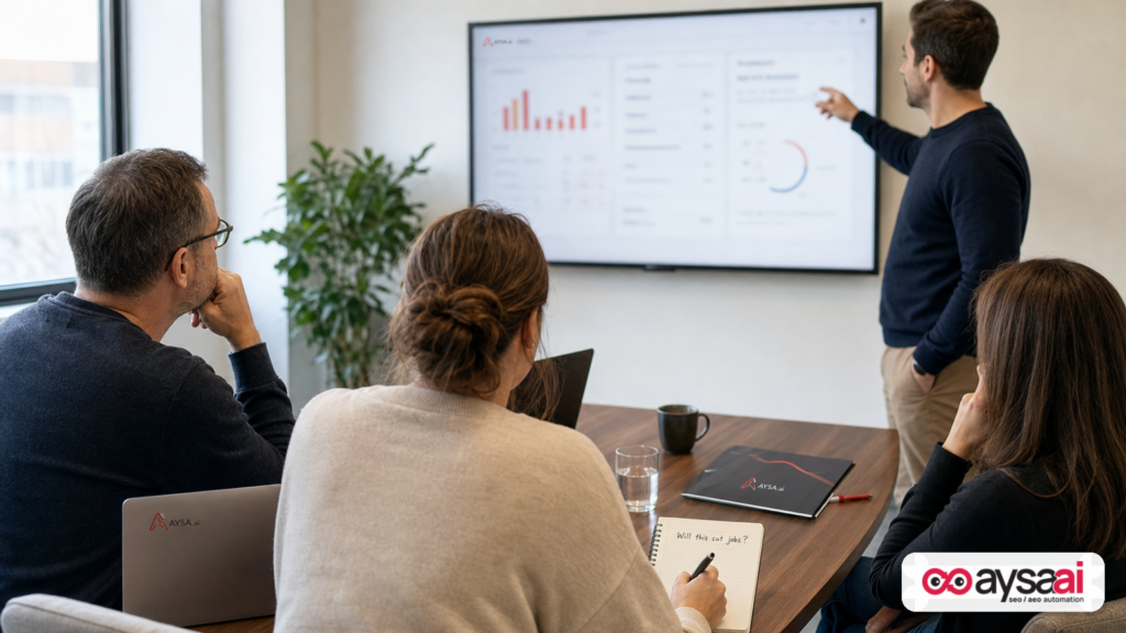 Small business team evaluating AI software while considering trust and job impact.