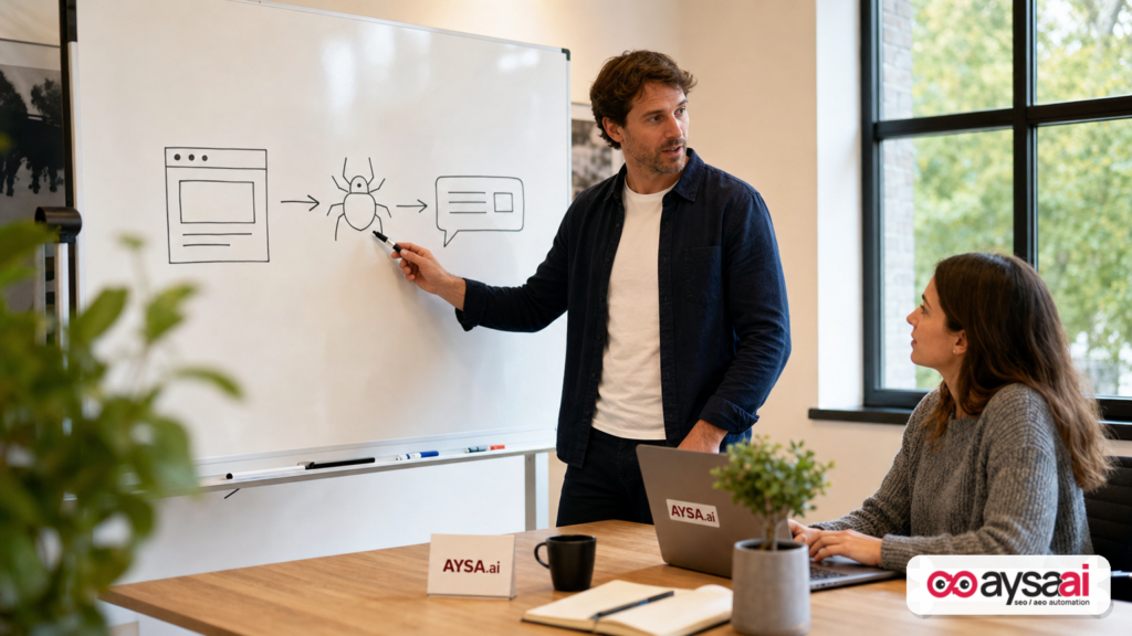 Small business team mapping how website indexing connects to AI answers and citations.
