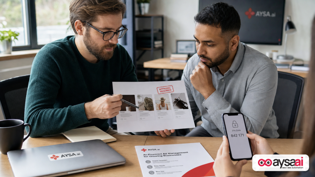 Small business team reviewing AI-generated ad creative with an approval workflow and security checks.
