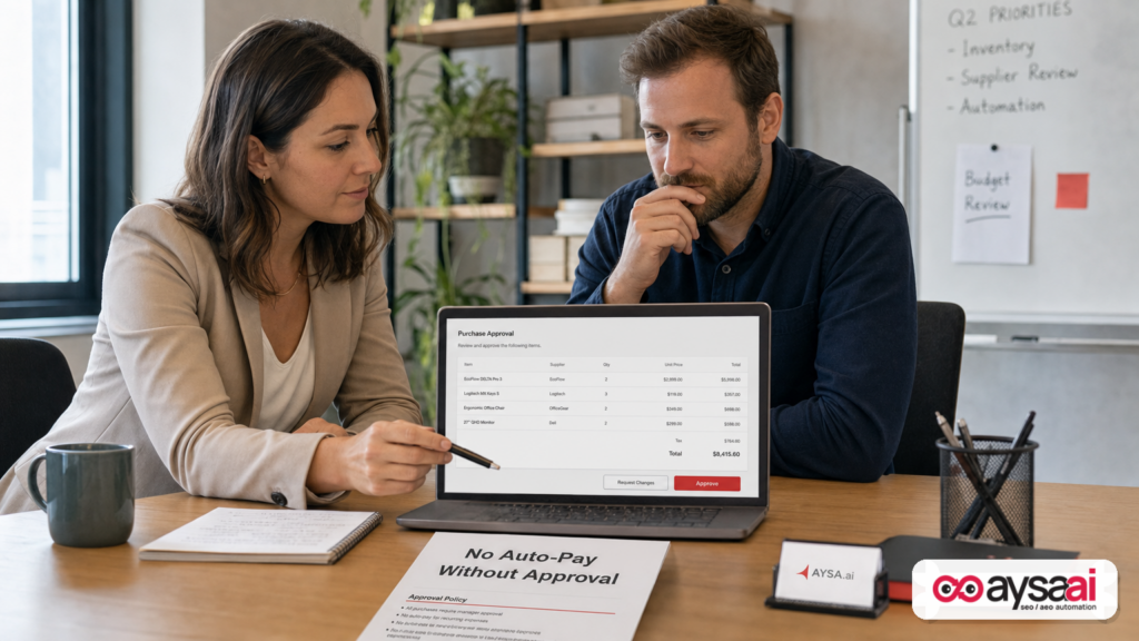 Small business team reviewing a purchase approval step before an automated system can spend money.