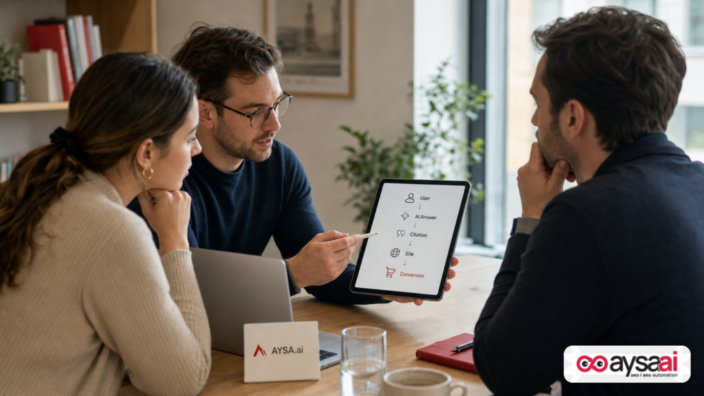 Small business team reviewing a simplified AI search funnel showing user, AI answer, citation, website, and conversion.
