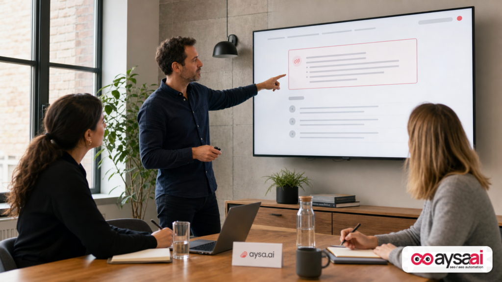 Small business team reviewing an AI-generated search summary as their first brand impression.