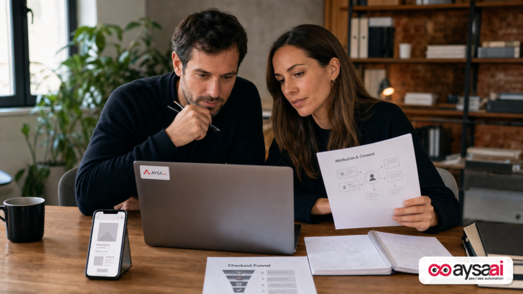 Small business team reviewing attribution and conversion flow on a laptop and phone.