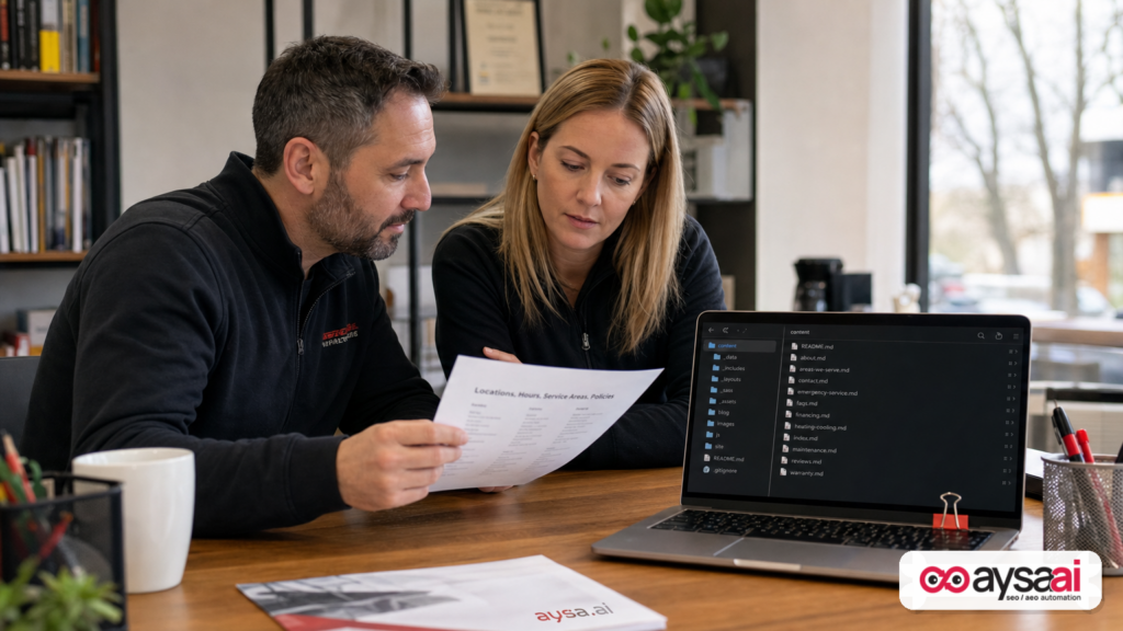 Small business team reviewing locations, hours, and policies while organizing content into machine-readable documents.