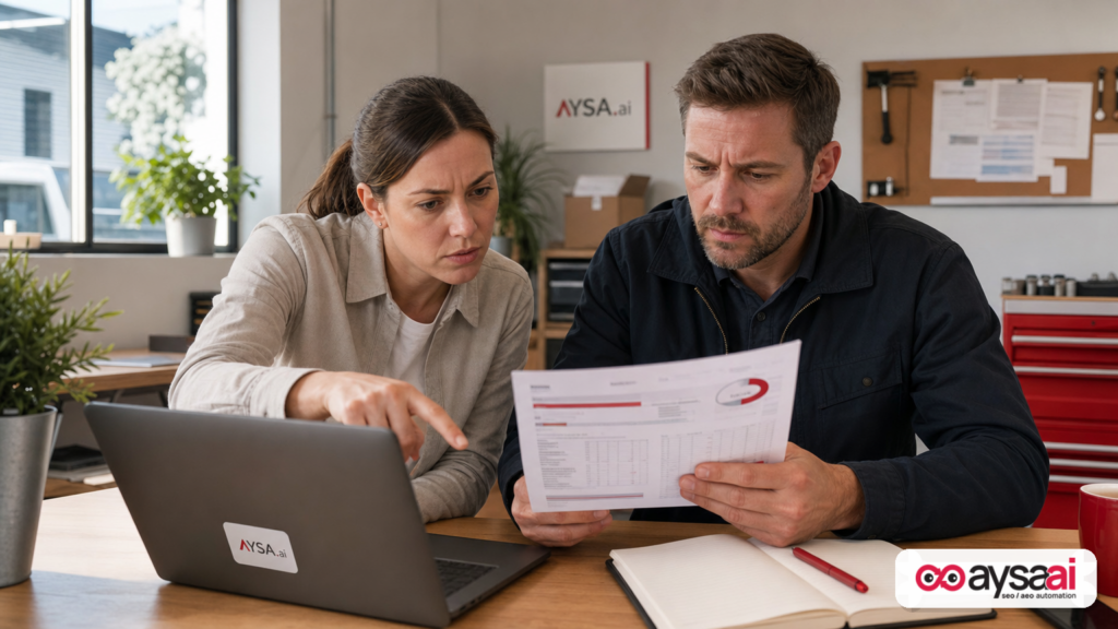 Small business team reviewing performance reports while noticing a missing reviews view on a laptop.