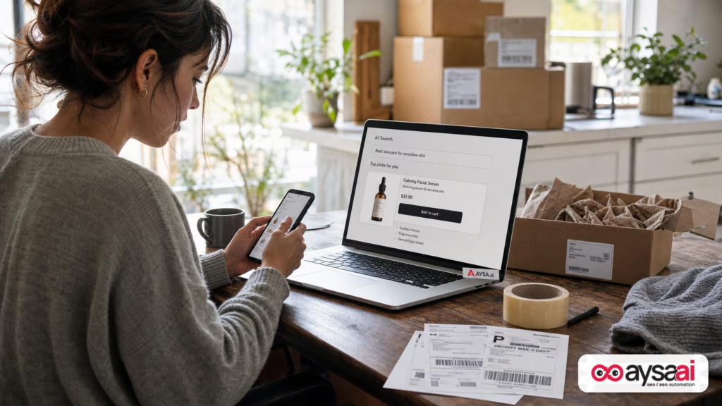 Small ecommerce owner reviewing an AI search result that leads directly to an action step.