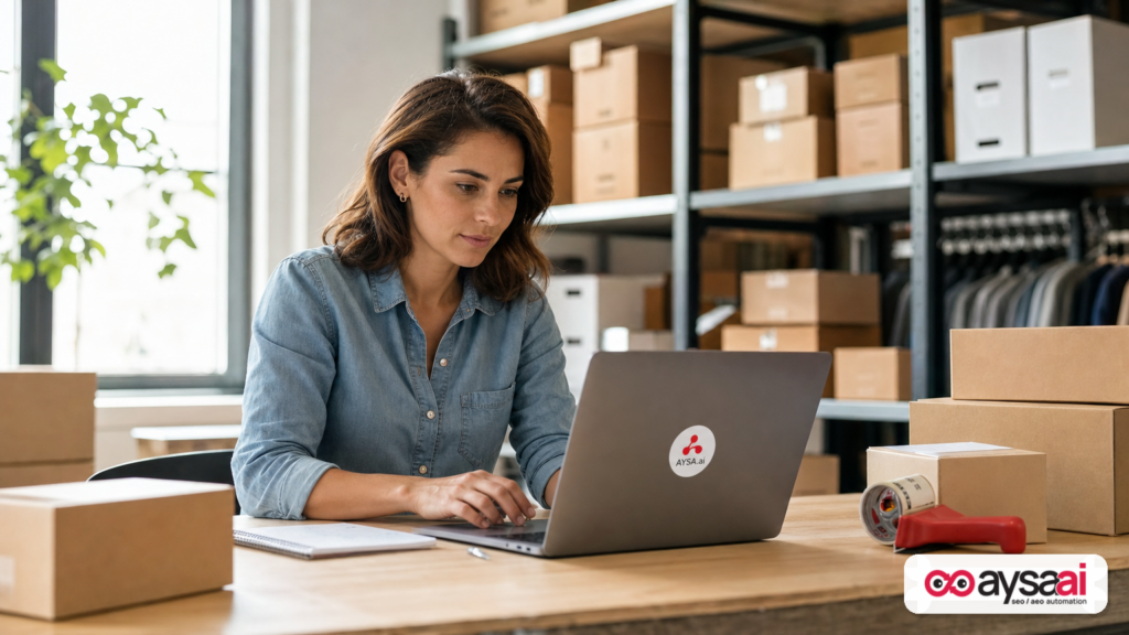 Small ecommerce owner reviewing category pages and internal links on a laptop in a warehouse office.