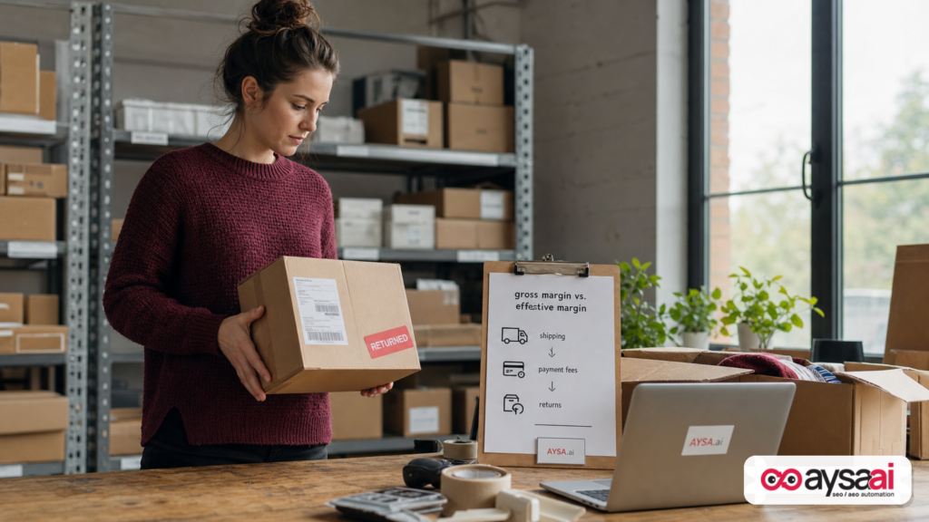 Small ecommerce owner reviewing returns and shipping costs to calculate effective margin for break-even ROAS