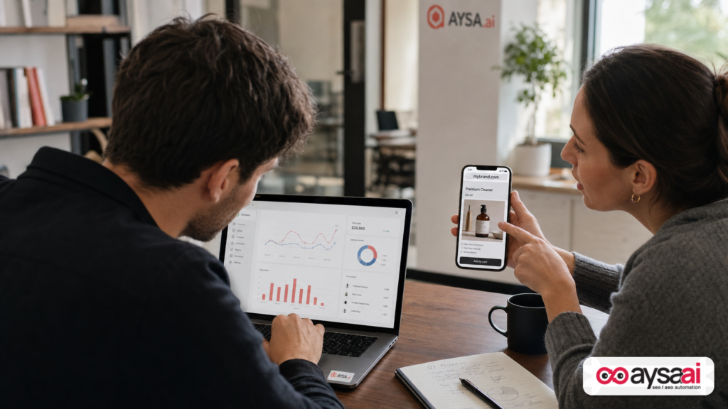 Small ecommerce team comparing mobile page experience with analytics on a laptop.
