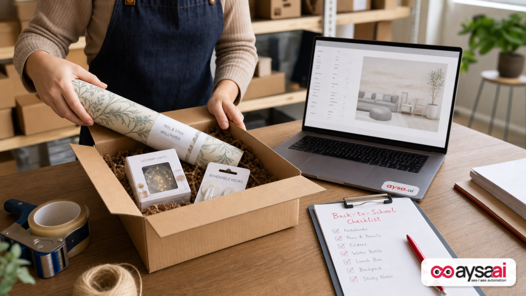 Small ecommerce team packing dorm-friendly decor products for back-to-school orders.