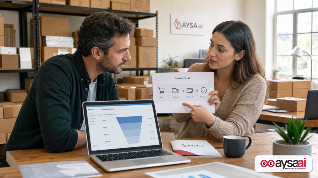 Small ecommerce team reviewing a checkout funnel diagram to diagnose missing purchase conversions.