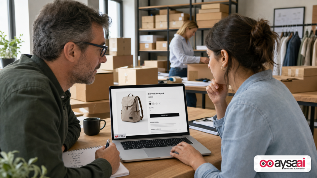 Small ecommerce team reviewing a product page while fulfilling orders.