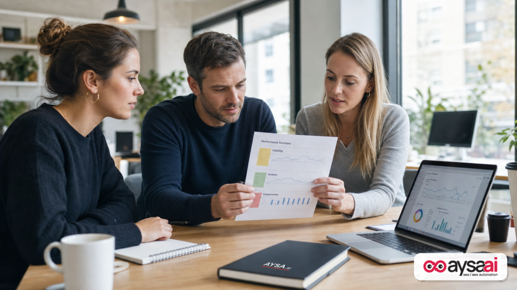 Small ecommerce team reviewing a visibility and conversion report with a laptop dashboard.