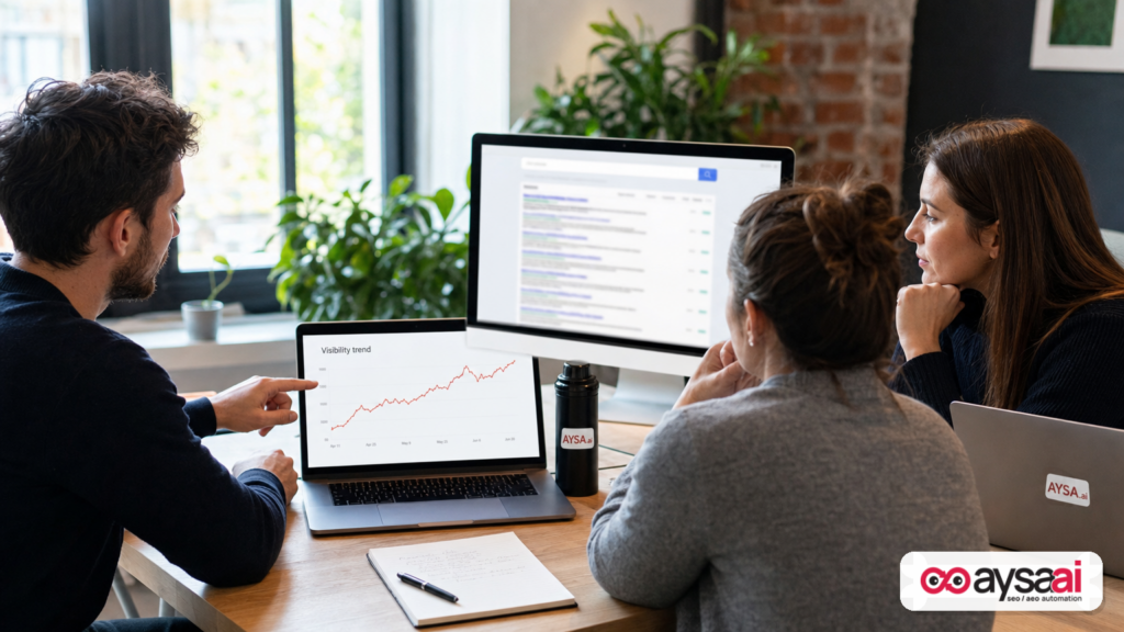 Small ecommerce team reviewing a visibility report on a laptop and monitor.