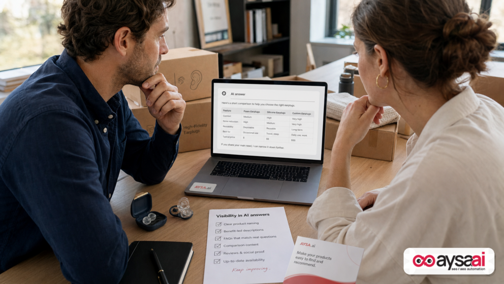 Small ecommerce team reviewing an AI answer summary and a visibility checklist.
