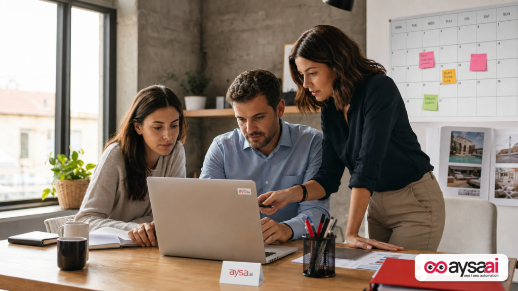 Small ecommerce team reviewing inventory and release timing on a laptop, planning for when information becomes available.