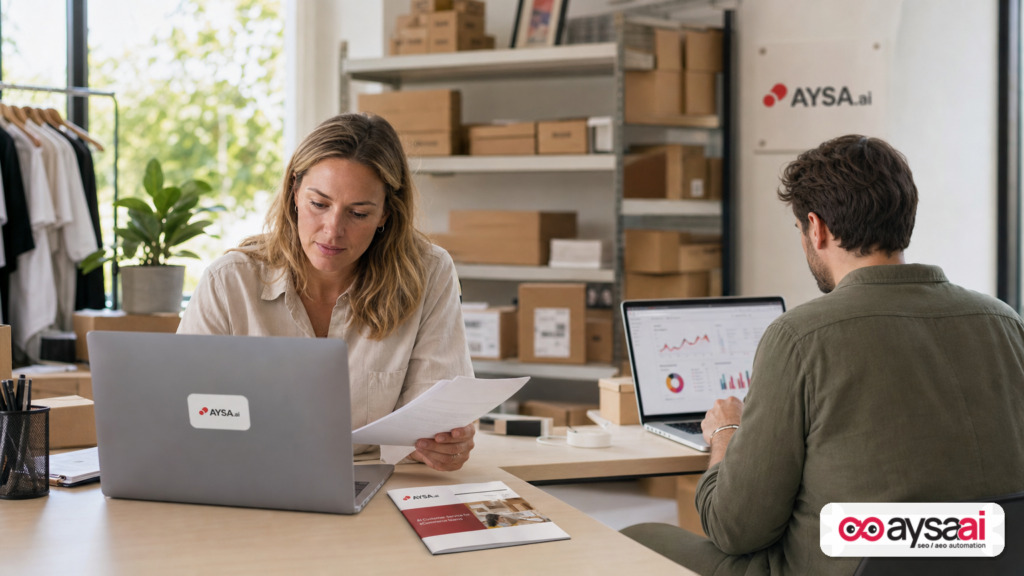 Small ecommerce team reviewing performance and customer signals in a warehouse office.
