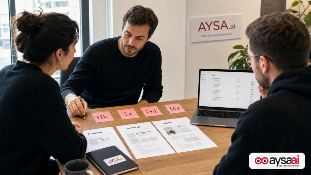 Small team planning a 48-hour, 7-day, 14-day, and 30-day indexing response checklist.