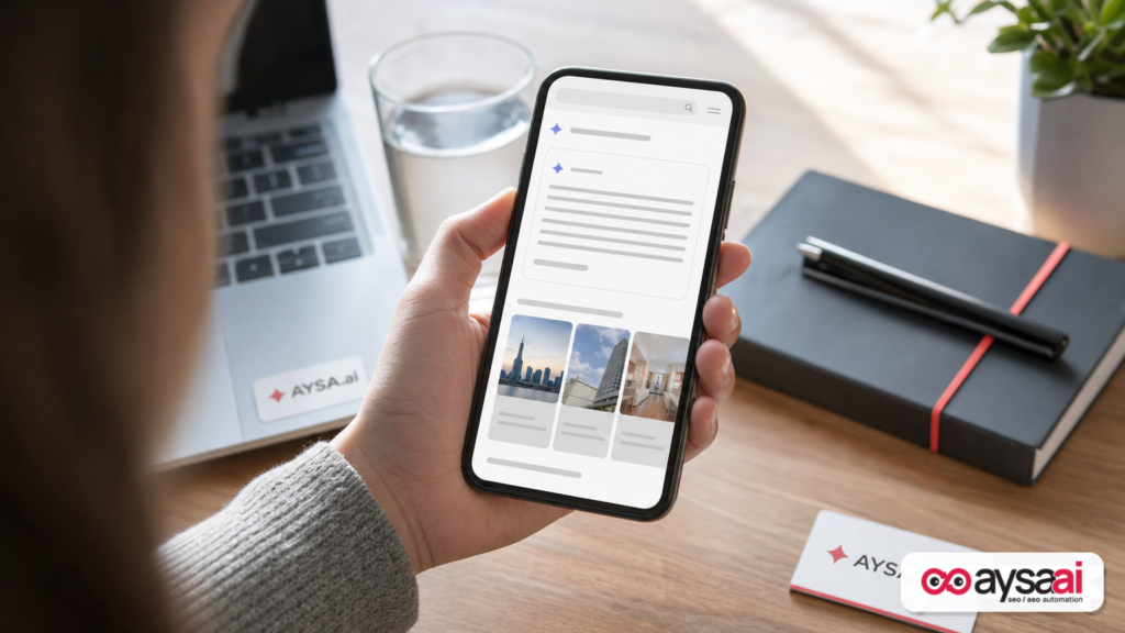 Smartphone showing a generic AI summary card with a news carousel underneath, representing Top Stories within AI Overviews.