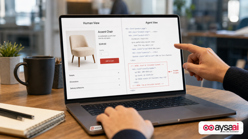 Split-screen concept showing a normal web page for humans and a different underlying page content that an AI agent might read.