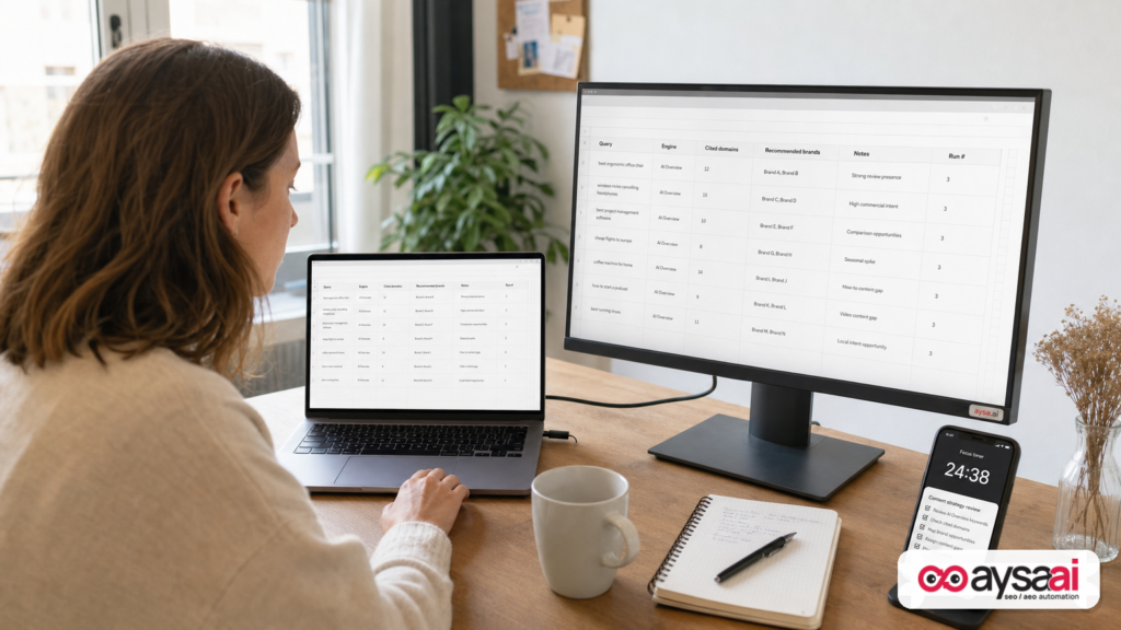 Spreadsheet setup for tracking AI search citations and recommendations across repeated runs.