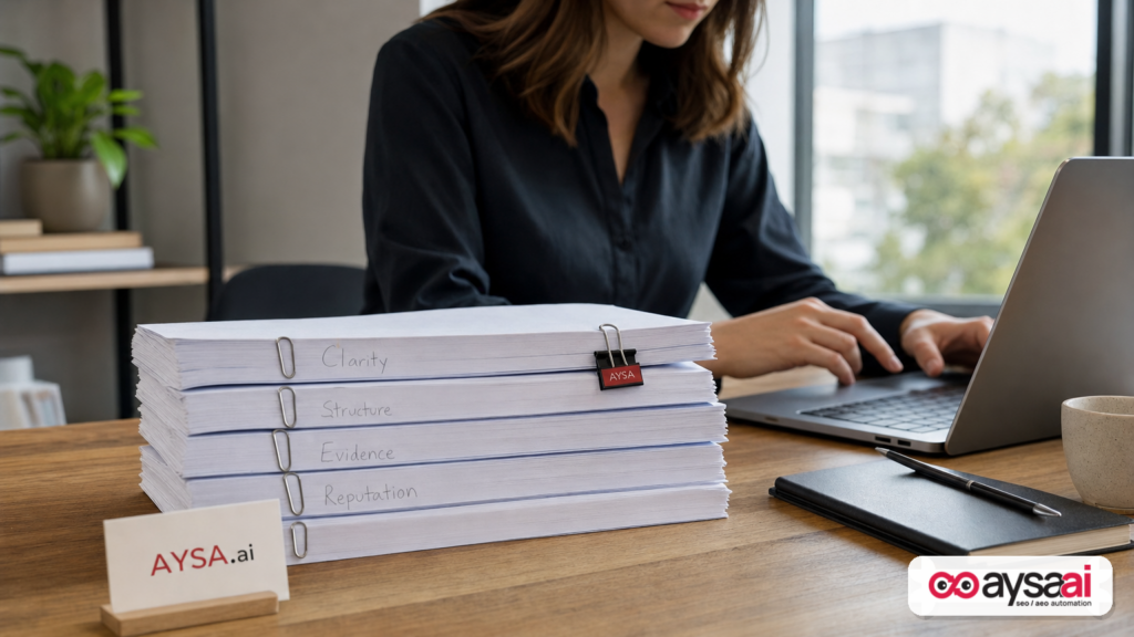 Stack of documents representing clarity, structure, evidence, and reputation needed for AI citations.